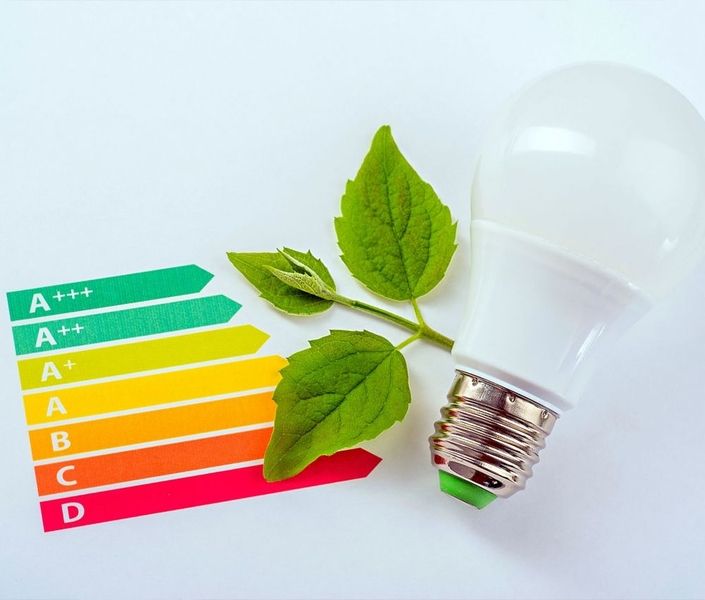 Glühbirne, Blatt und Energietabelle auf weißem Hintergrund